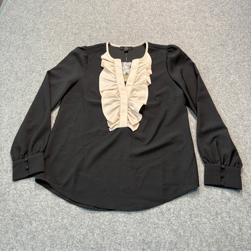 J.Crew Womens XXS Black Pink Ruffle Bib Long Sleeve Blouse New With Tags